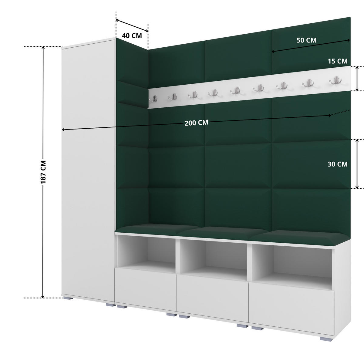 GARDEROBE NELA IX 200 cm (Modulare Flurmöbel Weiß mit Sitzpolster Flaschengrün 28 Breite Sitzbank) - Dunkelgrün/Silberfarben, Holz/Holzwerkstoff (200/187/40cm) - Ravio