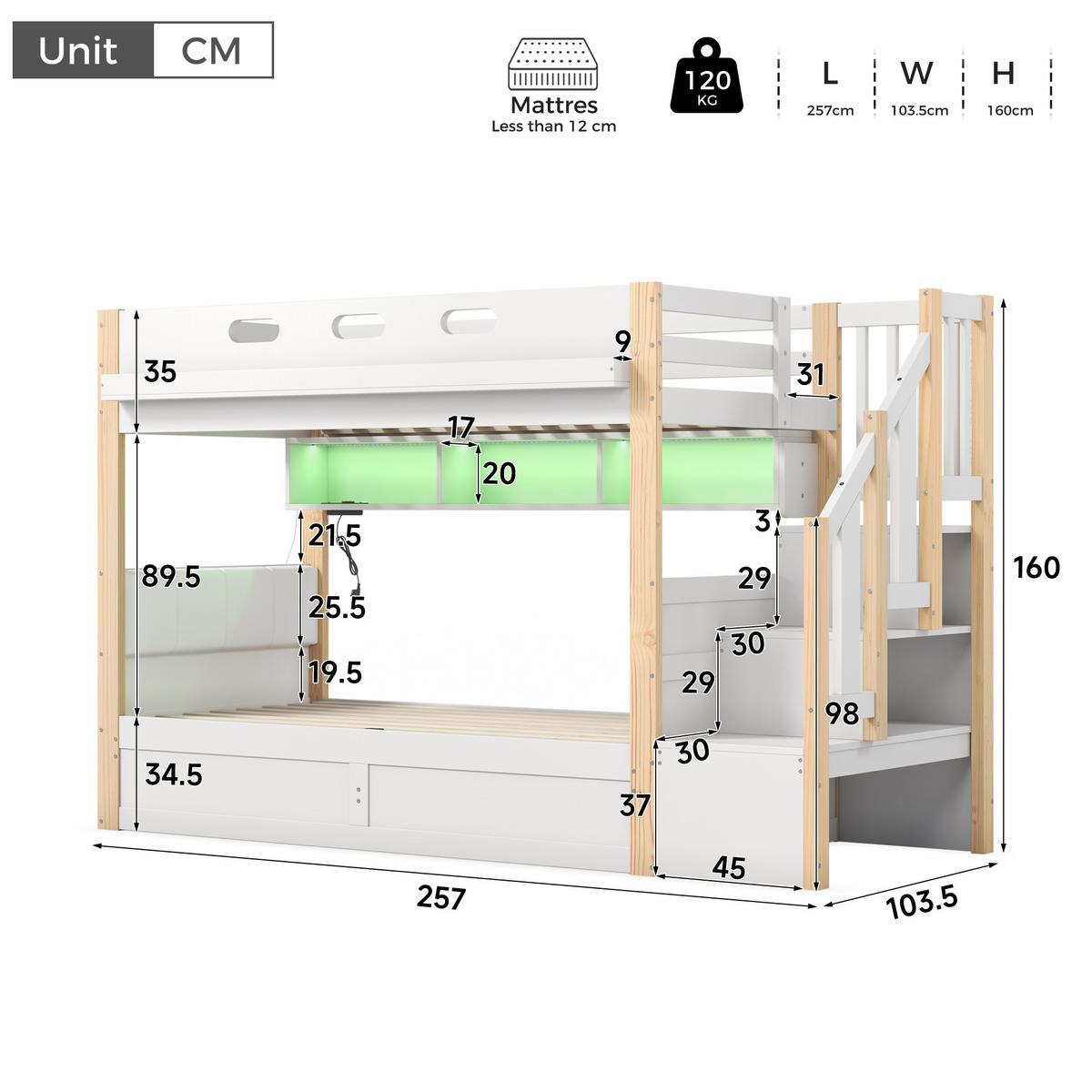 ETAGENBETT 90/200 cm mit Hydraulik und LED, DE-41821, in Weiß - Weiß, Holz (90/200cm) - ComfortXL