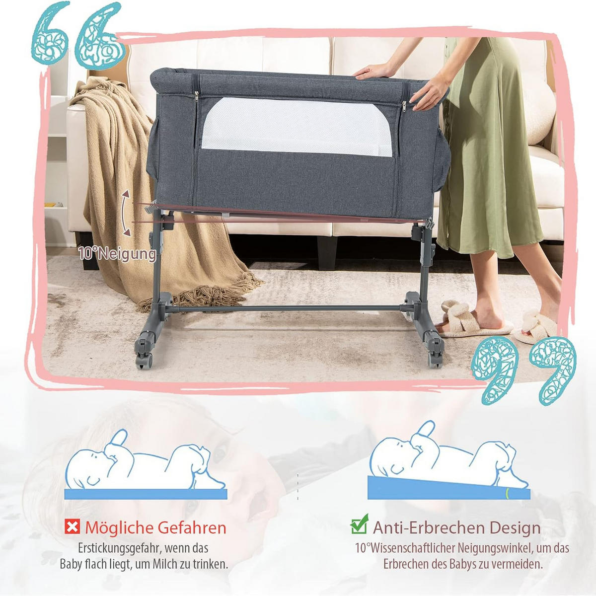 BABYBETT 3 in 1 Beistellbett Grau - Grau, Metall - COSTWAY