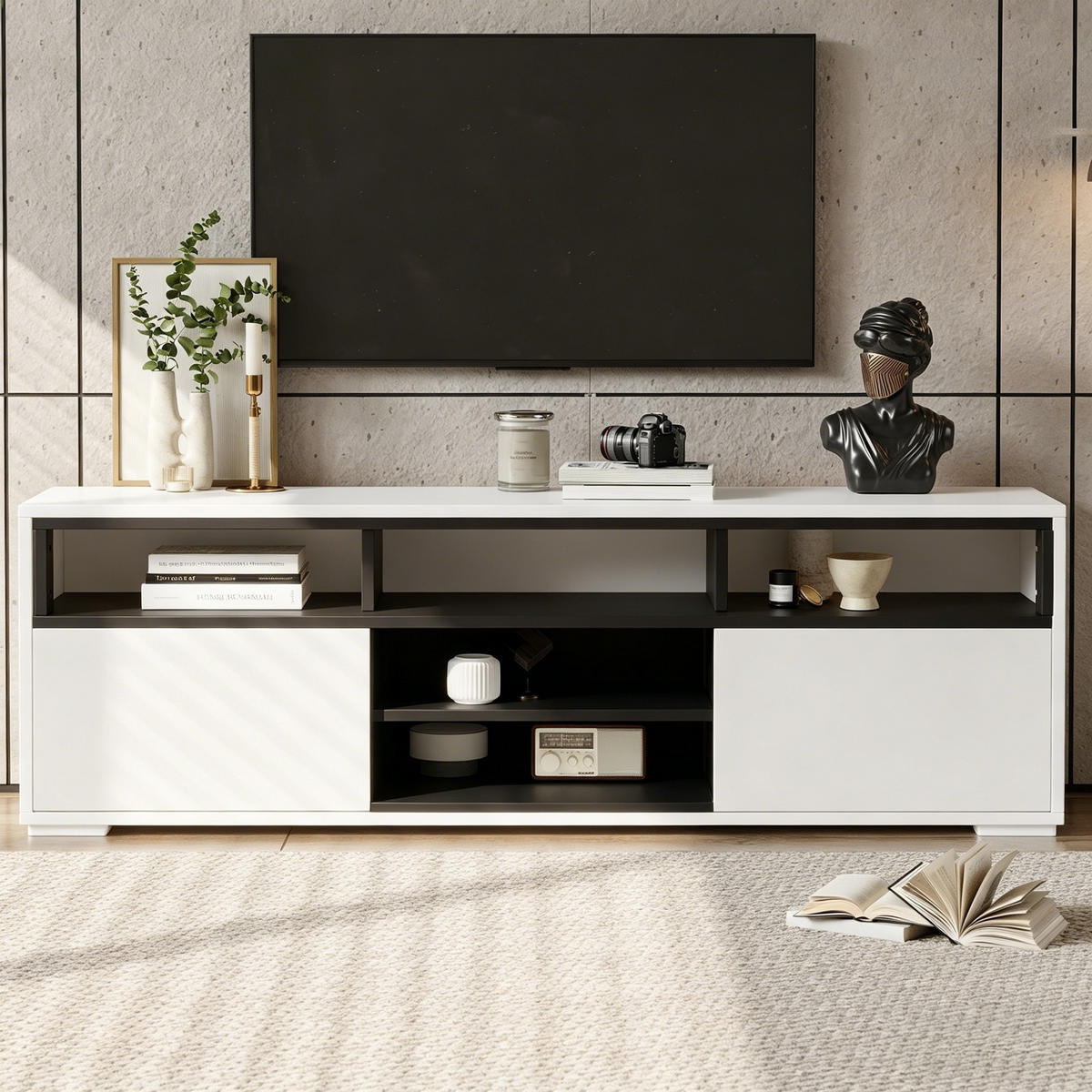TV-BANK Weiß 150/35/50 cm, LED-Beleuchtung, Hochglanz, Push-to-Open - Weiß, Holzwerkstoff (150/50/35cm) - PANGIVO