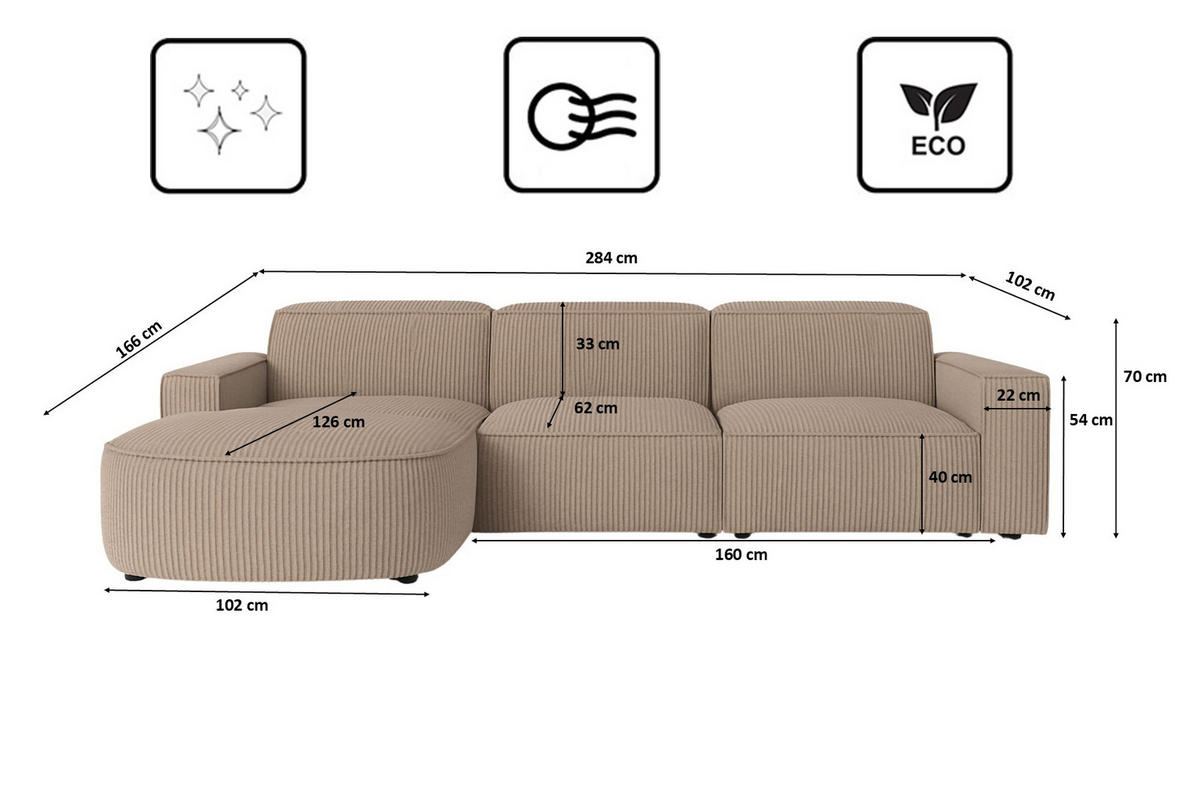 ECKSOFA Cursal Round L-Form, Stoff Poso, Dunkelbeige, Links - Beige, Holz (284/166cm) - Kaiser Möbel