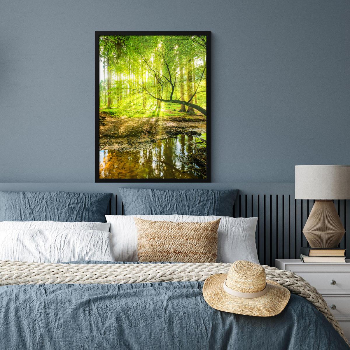 GERAHMTES BILD Wald - Landschaft - Wasser - Bäume - Sonne - Grün - Natur 60x80 cm - Grün, Papier (60/80cm) - MuchoWow