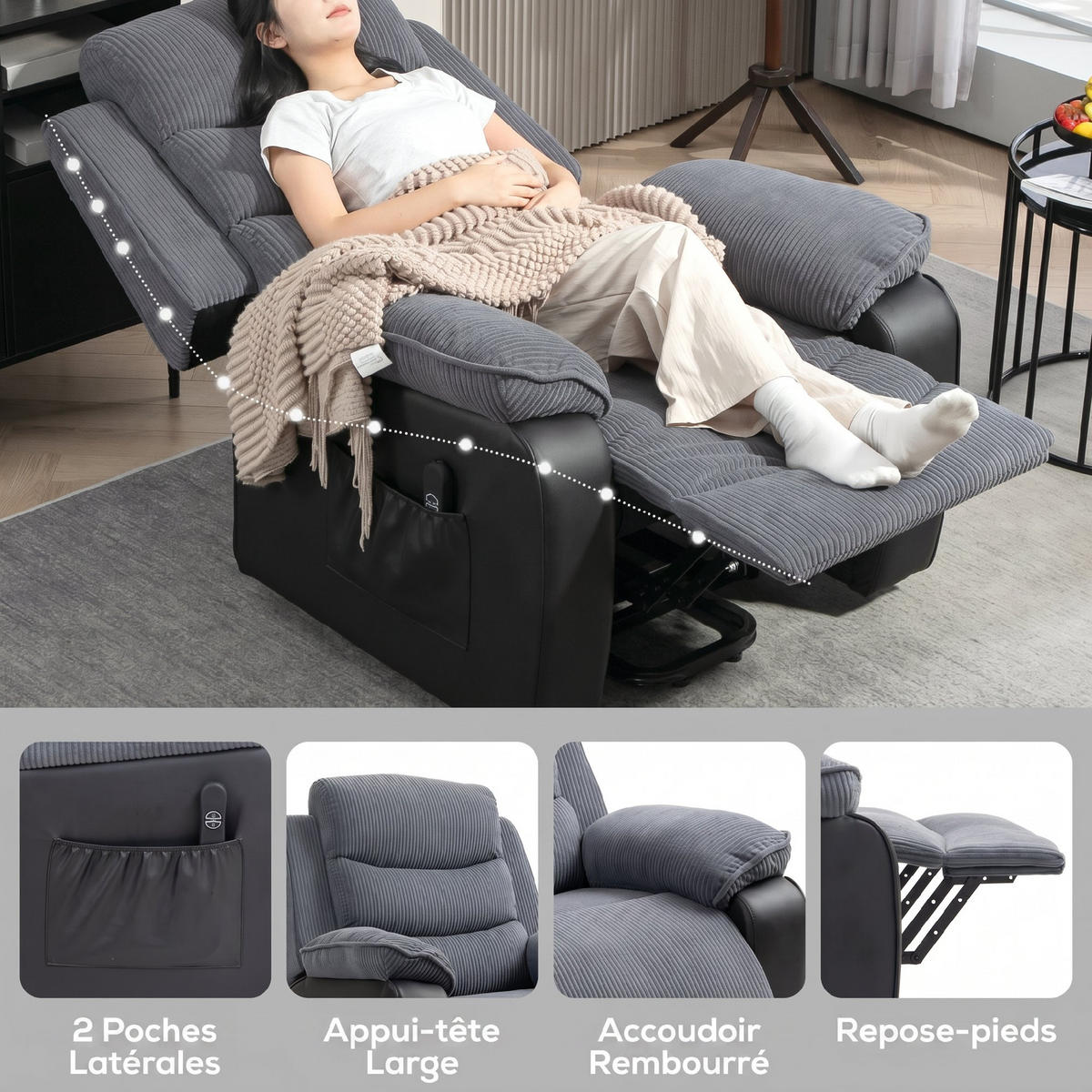 AUFSTEHSESSEL,ELEKTRISCH Cord USB verstellbare Lehne,grau - Grau, Textil (96/108/96cm) - Vallsero