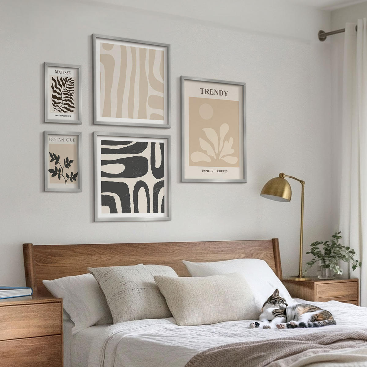 WANDBILDER 5er Set - 50x50 cm & 20x30 cm & 40x60 cm Silberner Rahmen - Stilvolle Pflanzenmuster in Beige und Schwarz - Silberfarben, Kunststoff (40/60cm) - ArtPrintCave