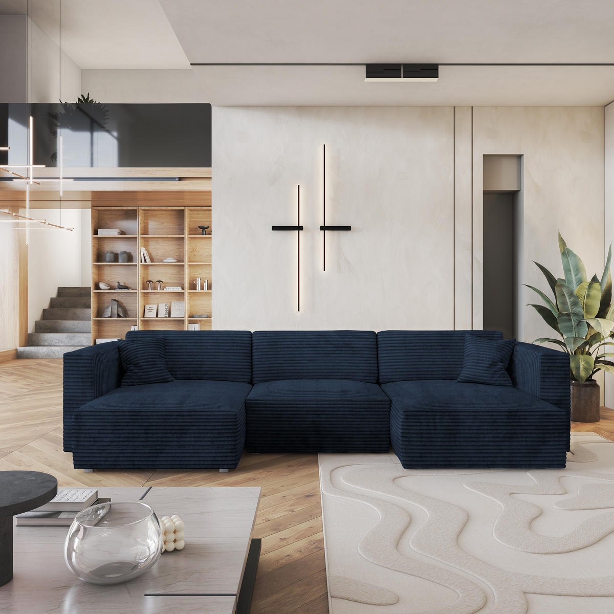 ROHOVÁ SEDAČKA SARMO modrá - šedá/modrá, dřevo/textil (347/148cm) - MASSENO