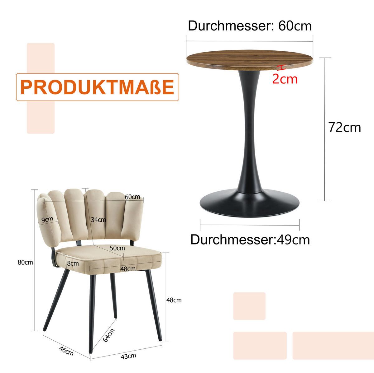 TISCH- UND STUHLSET 3-tlg. rund 60 cm MDF Light Coffee/Black - Hellbraun, Metall (60/72/60cm) - Meubliv