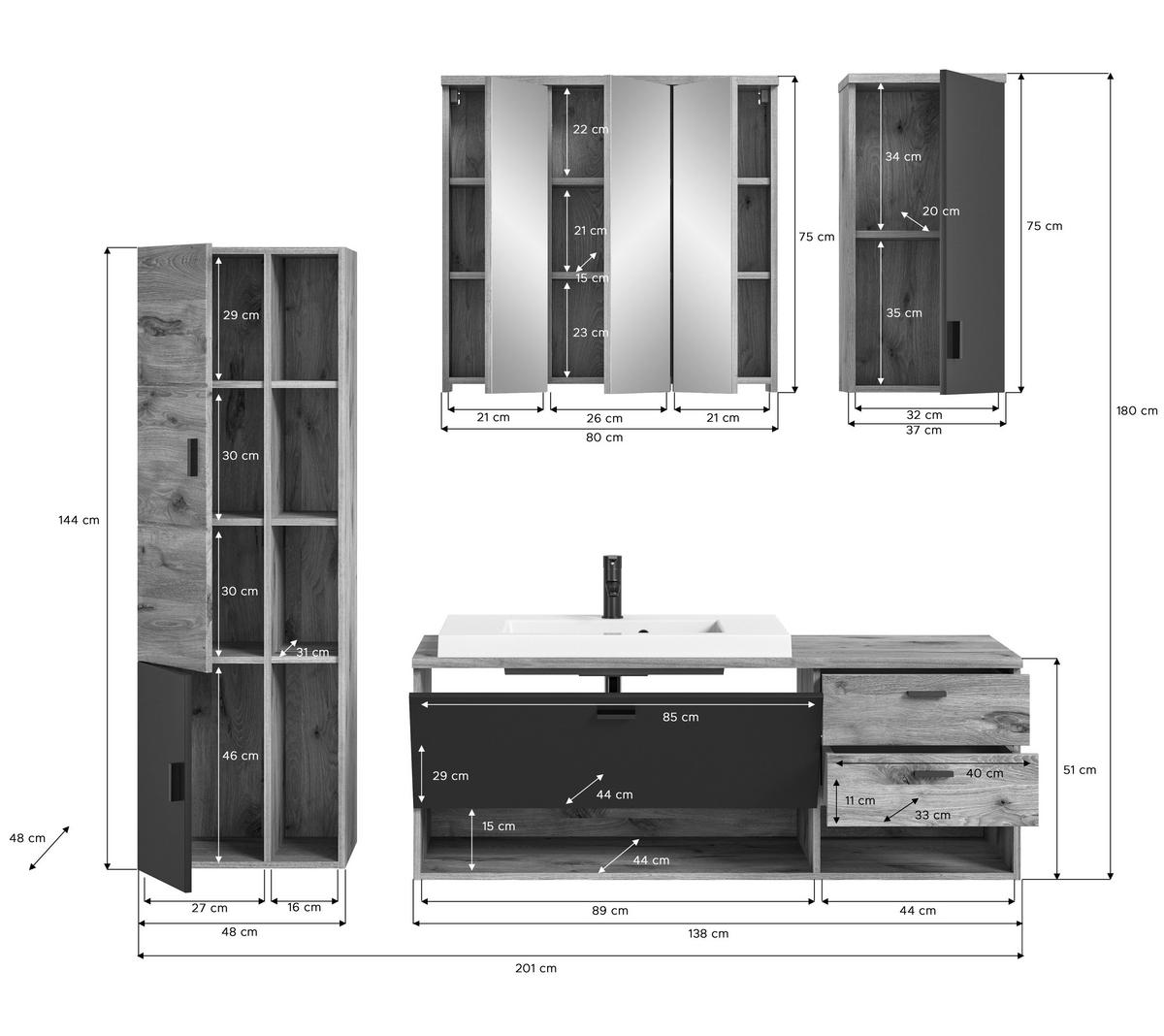 BAD-SET GRADO 5-tlg. (B/H/T: ca. 203/192/48 cm) in Nox Oak Nachbildung/Nox Oak - Eichefarben, Holzwerkstoff (203/192/48cm)