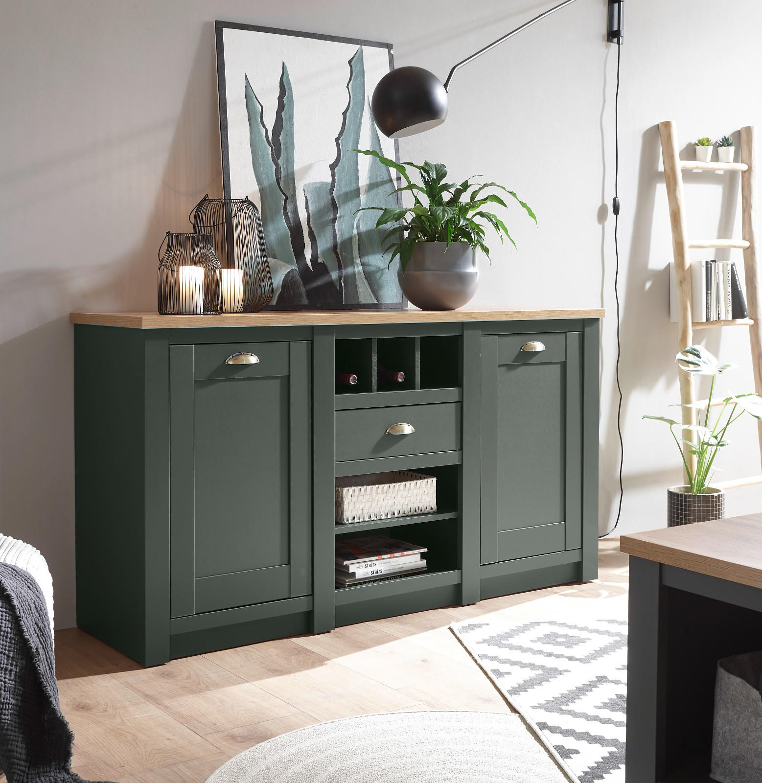 SIDEBOARD grün, Wotan Eiche Landhaus, Kommode mit Weinregal - Dunkelgrün/Messingfarben, Holzwerkstoff/Metall (145/83/41cm) - Furn.Design