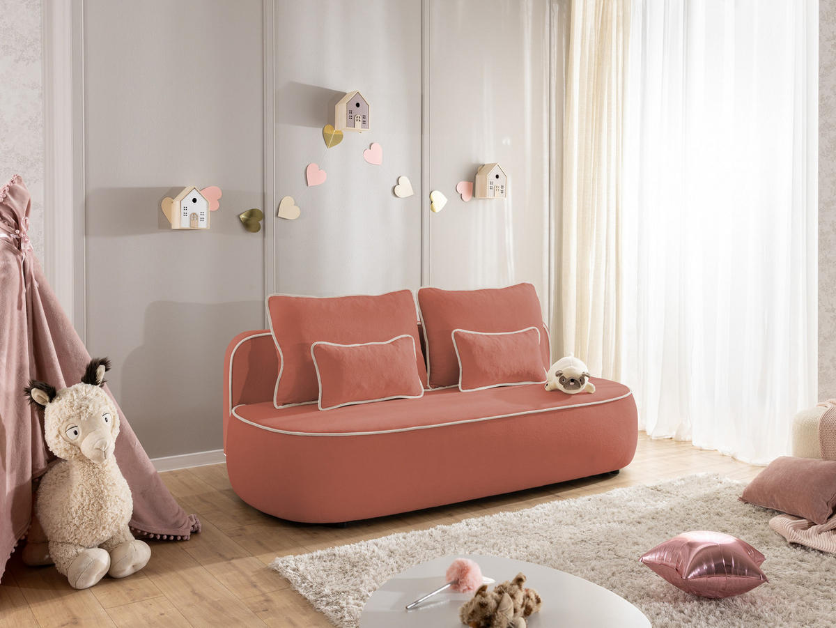 KINDERSOFA Vero im modernen und abgerundeten Design mit Schlaffunktion und Bettkasten aus Rosa Plüschstoff mit hellgrauer Paspel - Hellgrau/Schwarz, Holz/Kunststoff (210/90/98cm) - S-Style Möbel
