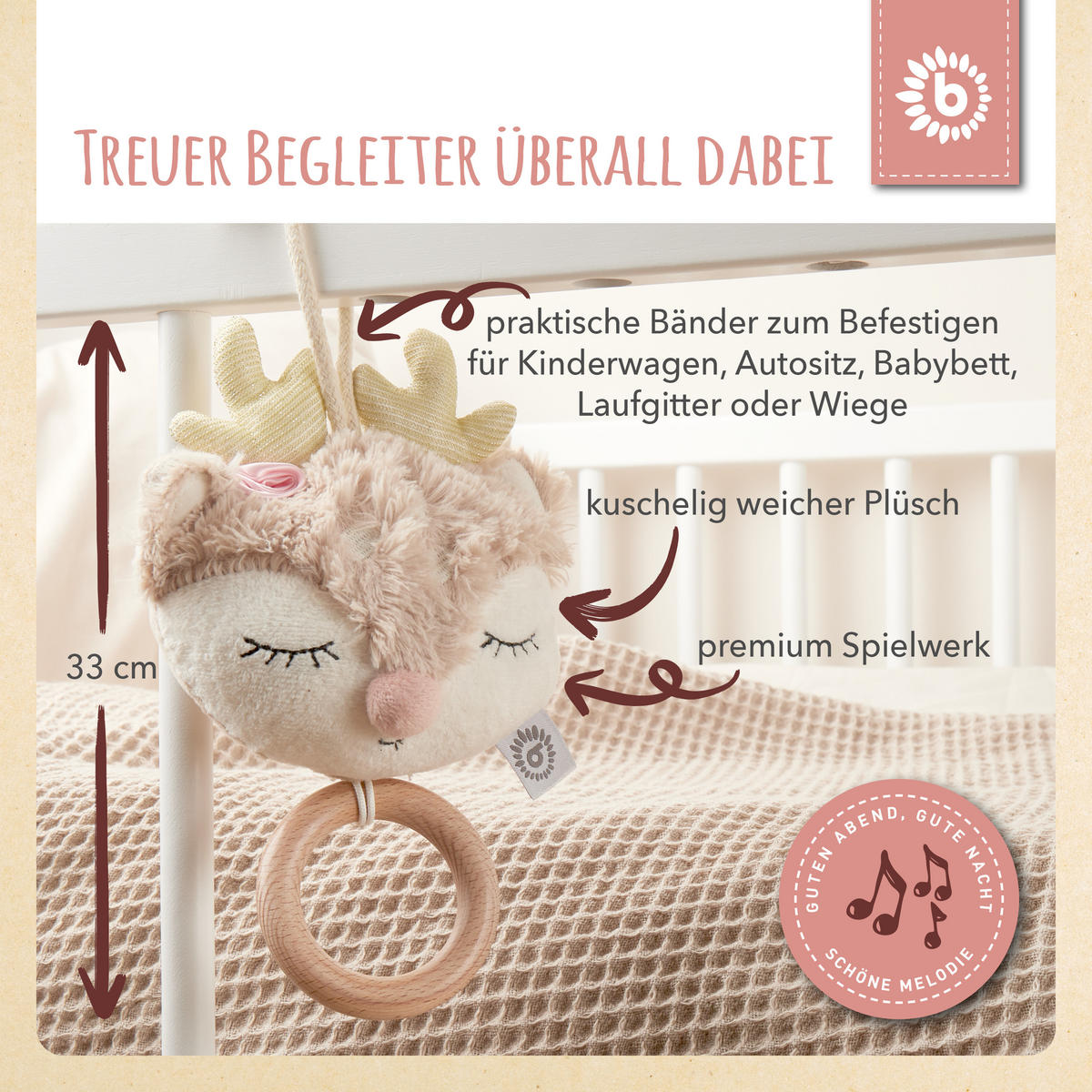 MUSIKSPIELUHR Reh - ab Geburt - Rosa, Textil (16/33cm) - Bieco Spielwaren