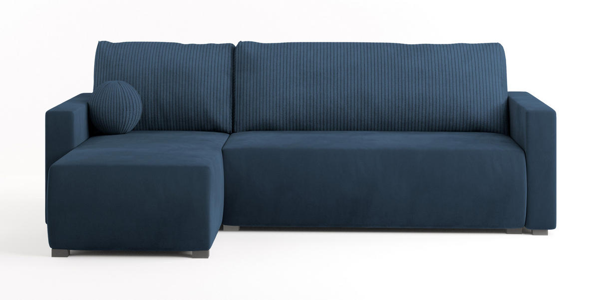 ECKSOFA SORGE Blau Plüsch-Stoff mit Schlaffunktion - Blau, Holz (220/143cm) - MASSENO