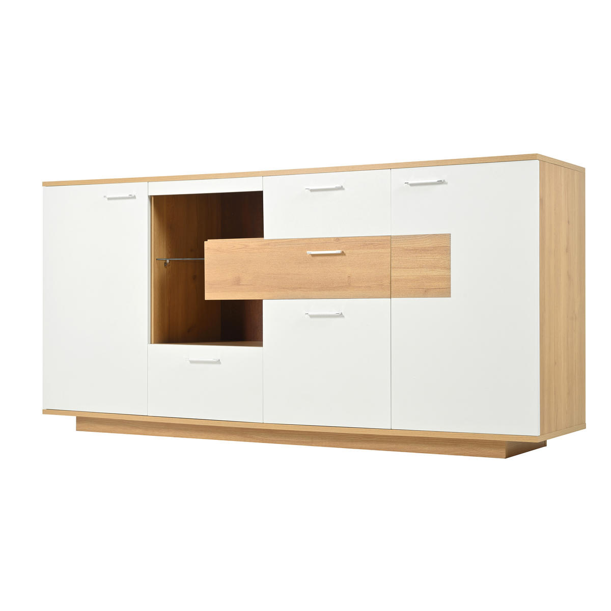 SIDEBOARD 160/40/77 cm, 2 Türen und 4 Schubladen, Holzoptik/Weiß mit einstellbarer 16-farbiger LED，Naturfarben - Naturfarben, Holzwerkstoff (160/77/40cm) - Redom
