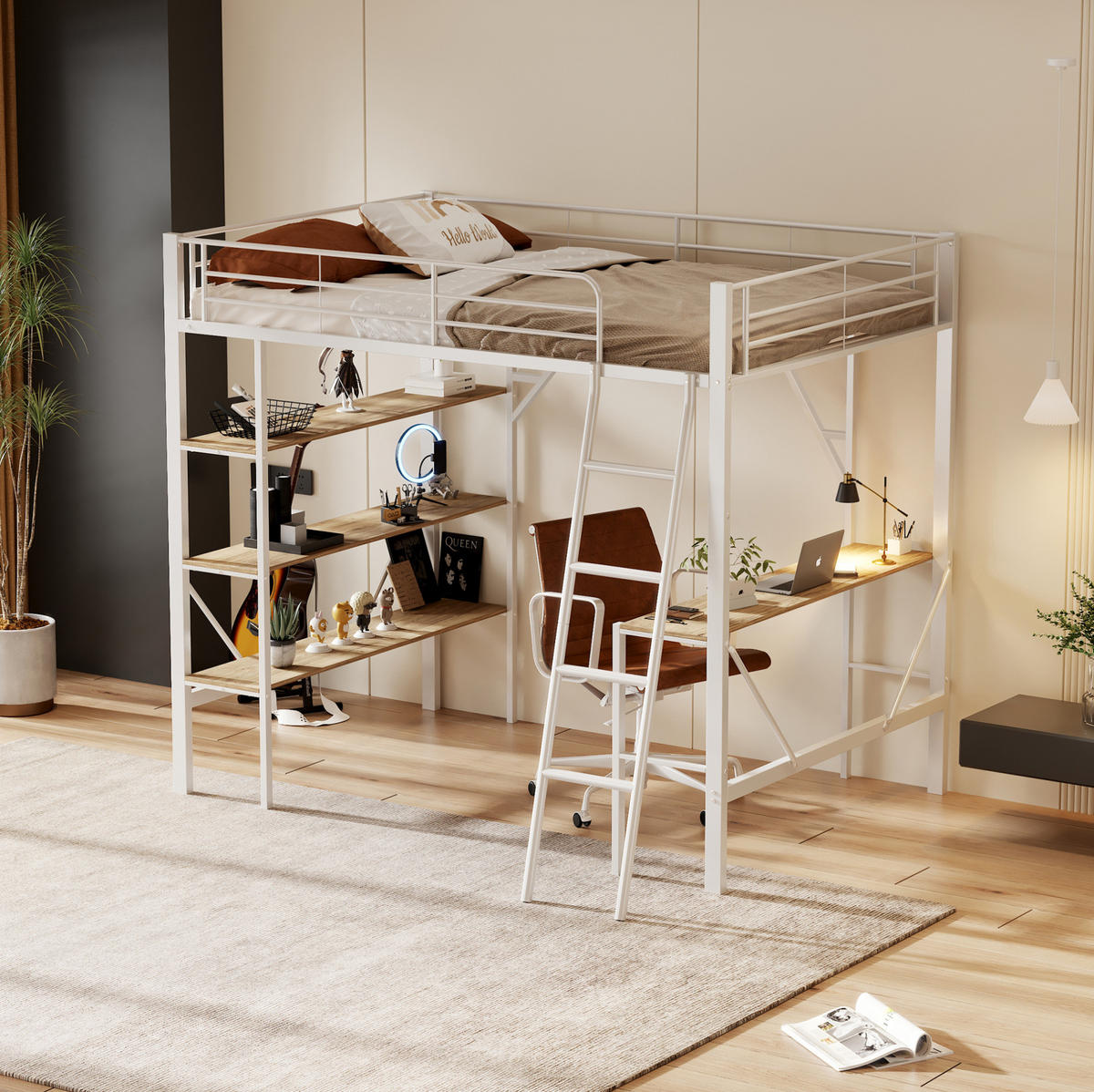 HOCHBETT 90/200 cm Weiß Metallbett mit Schreibtisch und Ablagen - Weiß, Holzwerkstoff (90/200cm) - OKWISH
