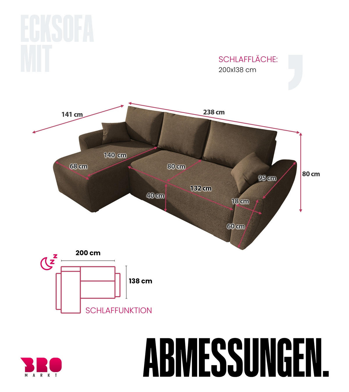 ECKSOFA Rotterdam mit Schlaffunktion Braun Bouclé - Braun, Textil (238/141cm) - Bromarkt