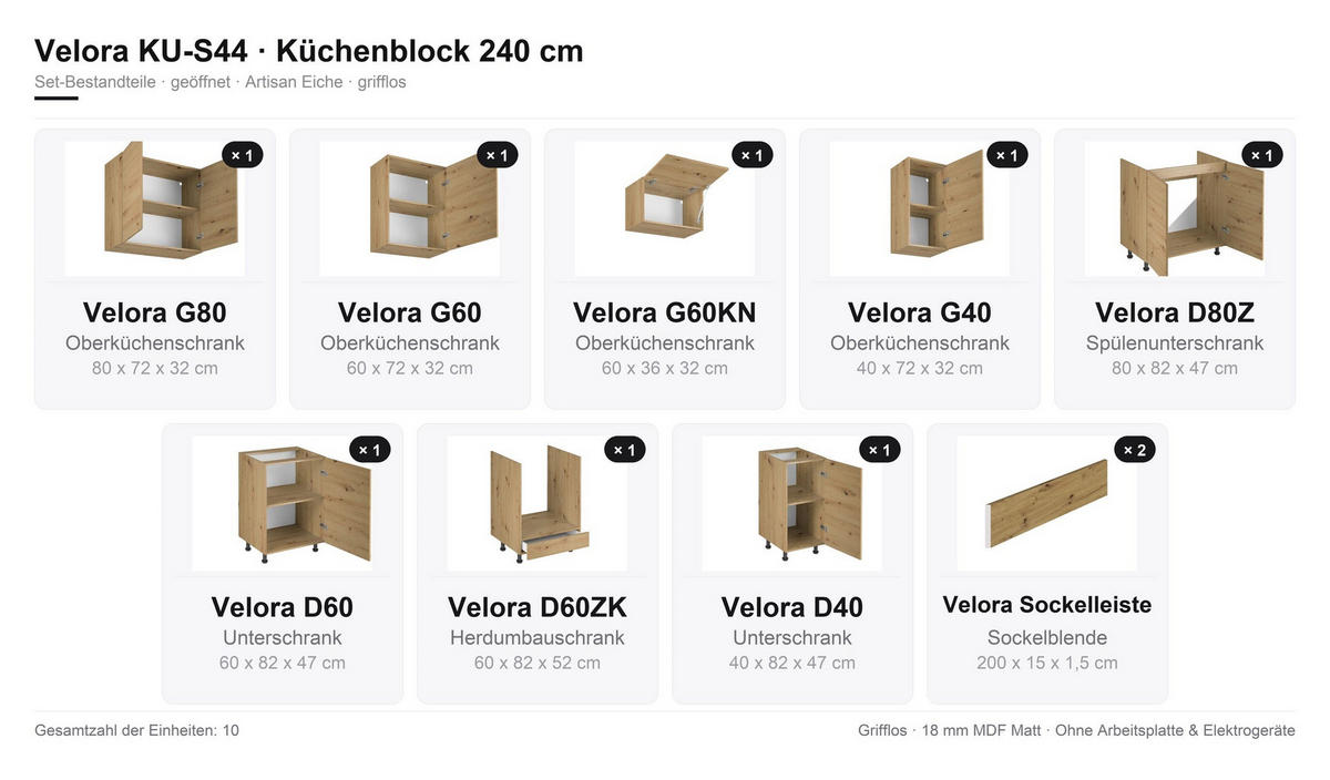 KÜCHENZEILE – Küchenblock 240 cm VELORA – KU-S44 – Eiche Artisan - Eiche Artisan, Holzwerkstoff (240/214/58cm) - hi-markt