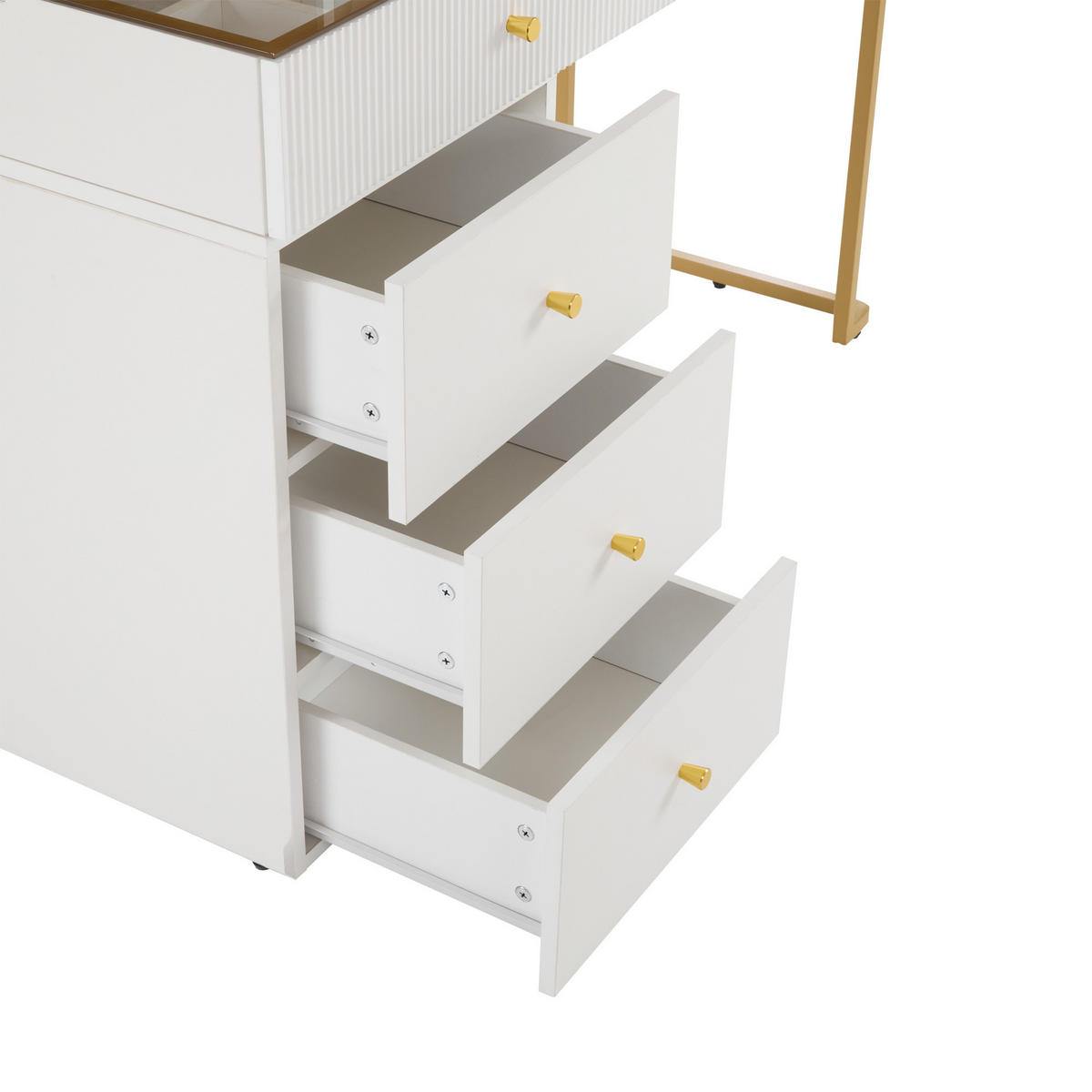 SCHMINKTISCH in Weiß Frisiertisch-Set mit LED Spiegel Glasplatte seitlichem Schrank für Schlafzimmer, B120/T45/H115cm - Transparent/Goldfarben, Glas/Holzwerkstoff (120/115/45cm) - STILVORA