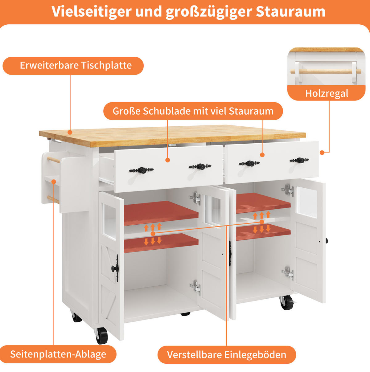 KÜCHENWAGEN aus MDF mit Ausziehplatte & Glastüren, 140/45/73/93,5 cm, Weiß - Weiß, Holzwerkstoff (140/93.5/45cm) - Redom