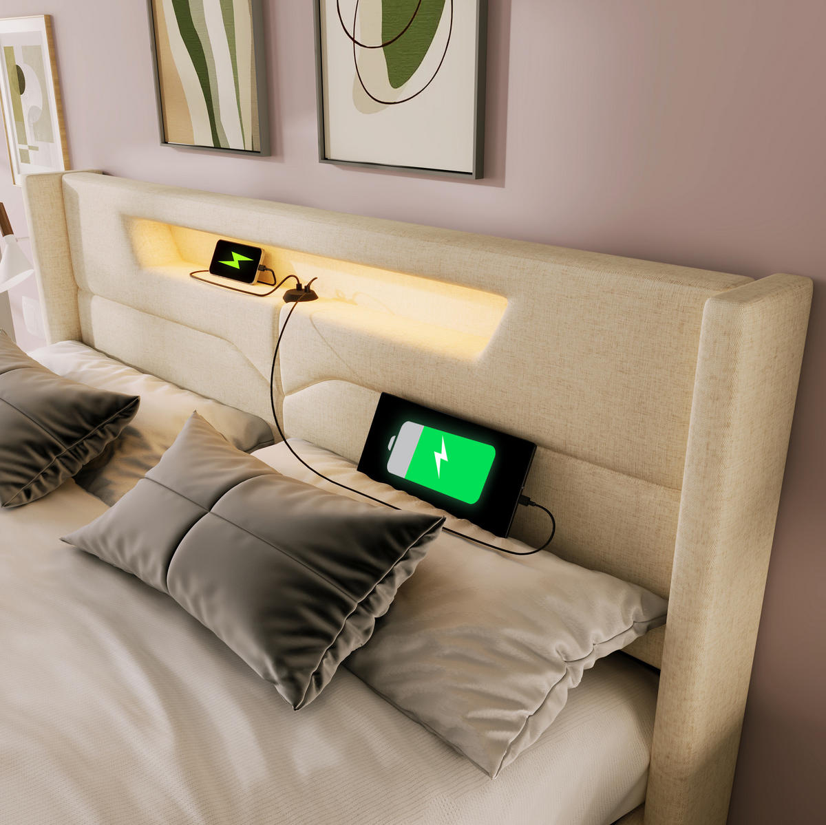 POLSTERBETT mit LED, USB und Stauraum 140x200 cm Beige - Beige, Metall (140/200cm) - Meubliv