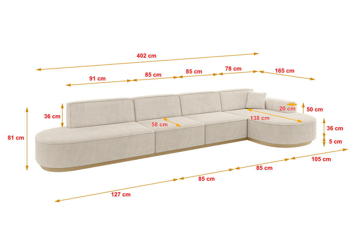 ECKSOFA Ottomane Rechts MARI-L3-v2 - 413x171x83 cm Beige Cord - Beige, Holzwerkstoff/Textil (171/413cm) - ALTDECOR
