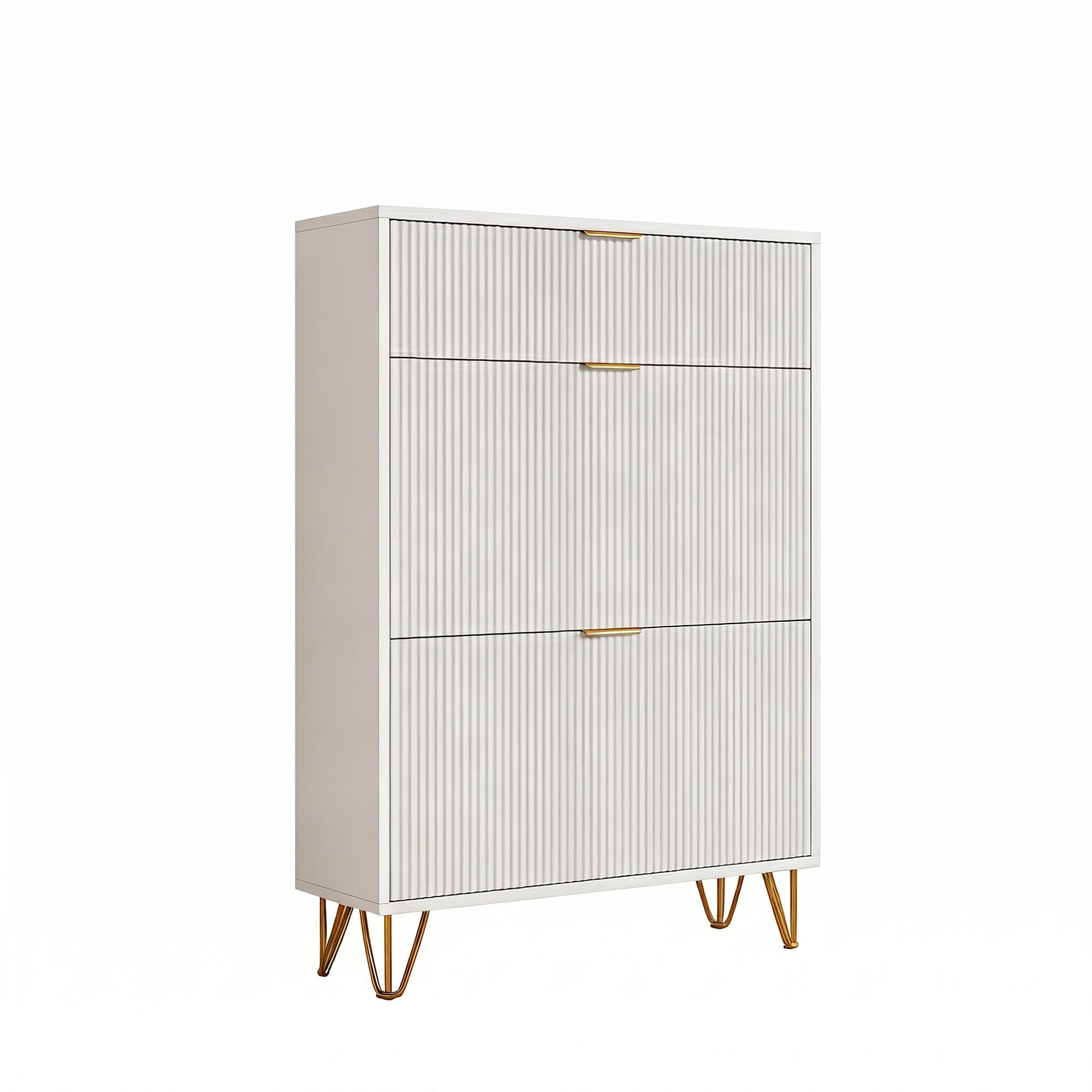 SCHUHSCHRANK mit 3 Türen und goldfarbenen Füßen, Flurschrank, 80 x 24 x 118 cm, weiß - Goldfarben/Weiß, Holzwerkstoff/Metall (24/118/80cm) - GENKI LIVING