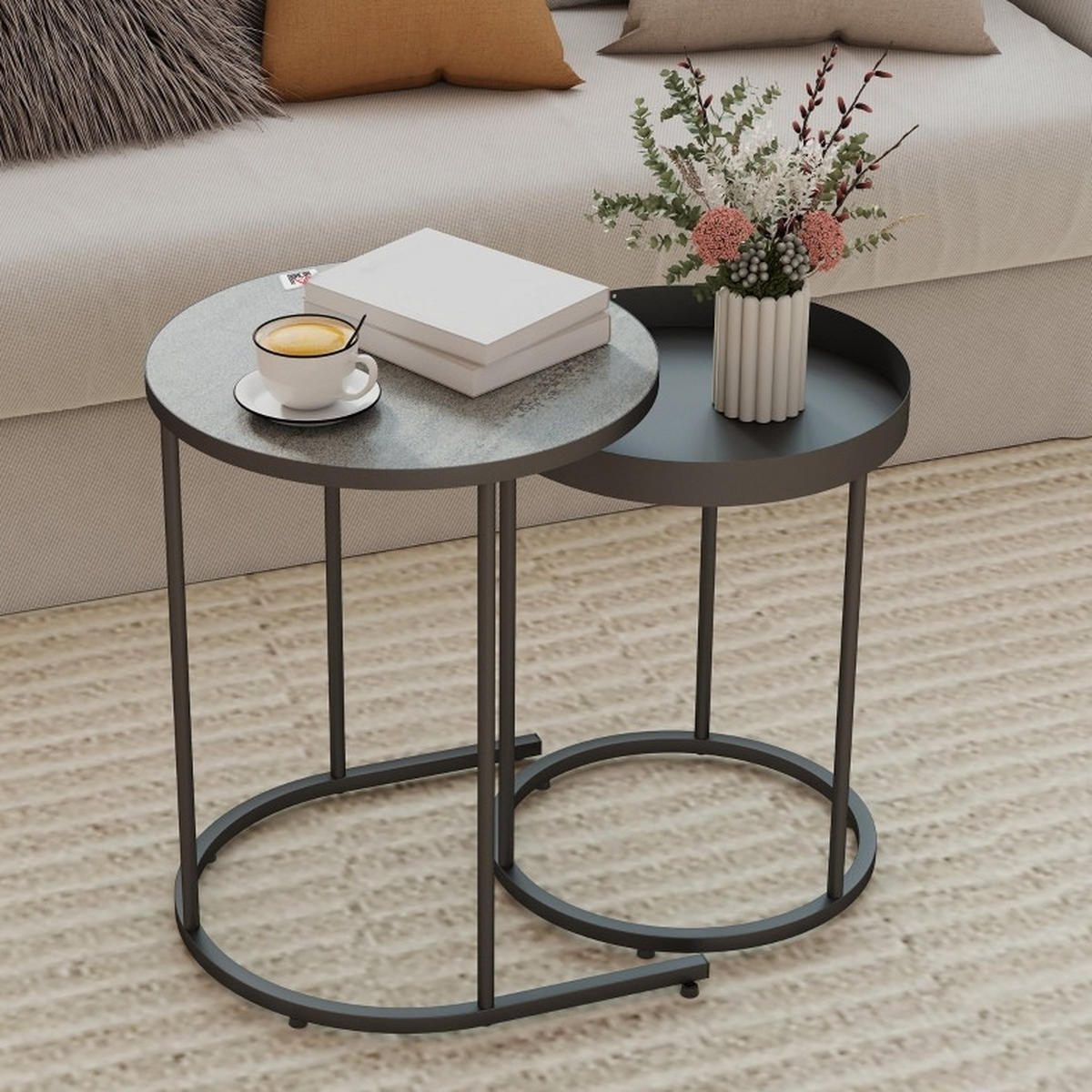 COUCHTISCH-SET 42/54 cm & 36,5/48,5 cm in Grau/Schwarz, nestbar im Industrial-Stil - Grau, Metall (42/42/54cm) - Flora Grace