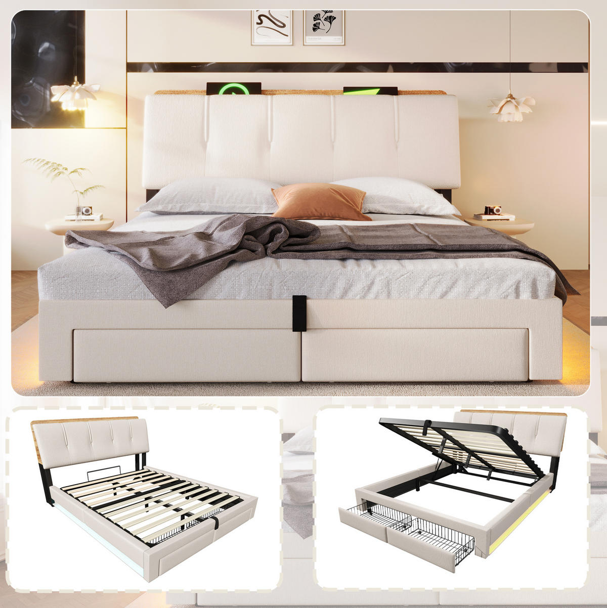 POLSTERBETT 140/200 cm mit LED-Beleuchtung, USB- und USB-C-Anschluss, hydraulischem Bettkasten und Schubladen, Beige - Beige, Textil (140/200cm) - Redom