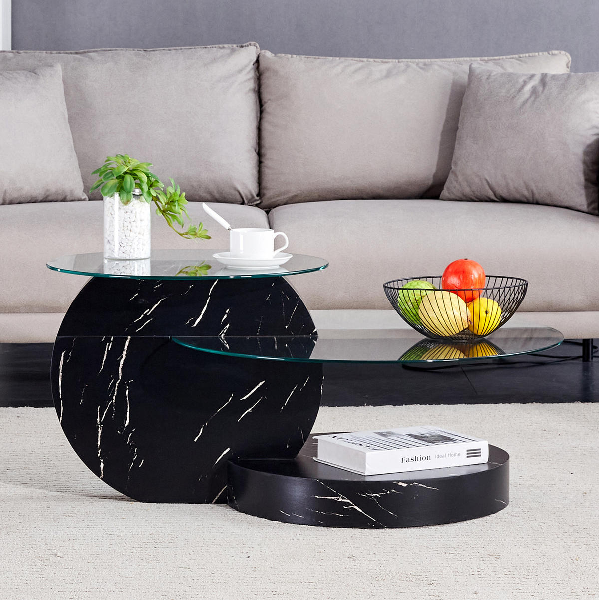 COUCHTISCH 69.8/49.8 cm schwarz aus MDF und Glas mit mehrstufiger Ablage - Transparent, Holzwerkstoff (89.9/69.9/43.2cm) - OKMYHOME