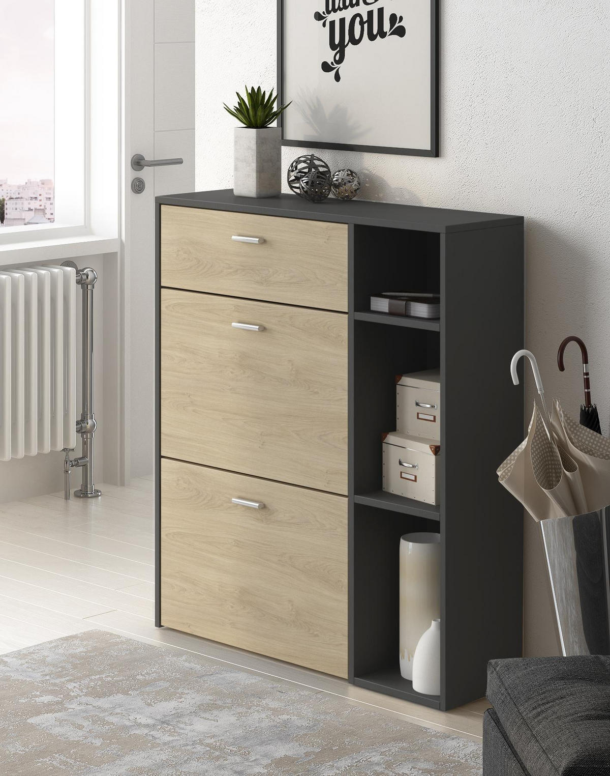 SCHUHREGAL Anthrazitgrau, eiche, 90/26/102cm - Anthrazit, Holzwerkstoff (90/102/26cm) - Skraut Home