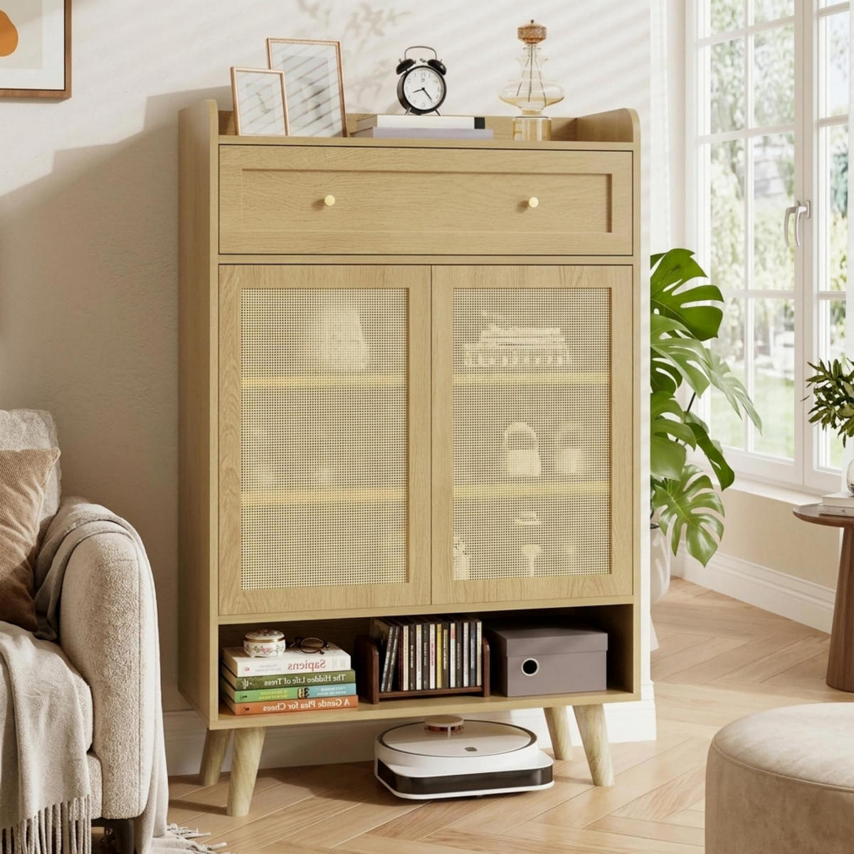 SCHUHSCHRANK mit Türen, Schublade & Push-to-Open System, Groß Stauraum 1 Set Spanplatte/Massivholz - Naturfarben, Holzwerkstoff (80/105/35cm) - EVRYAE