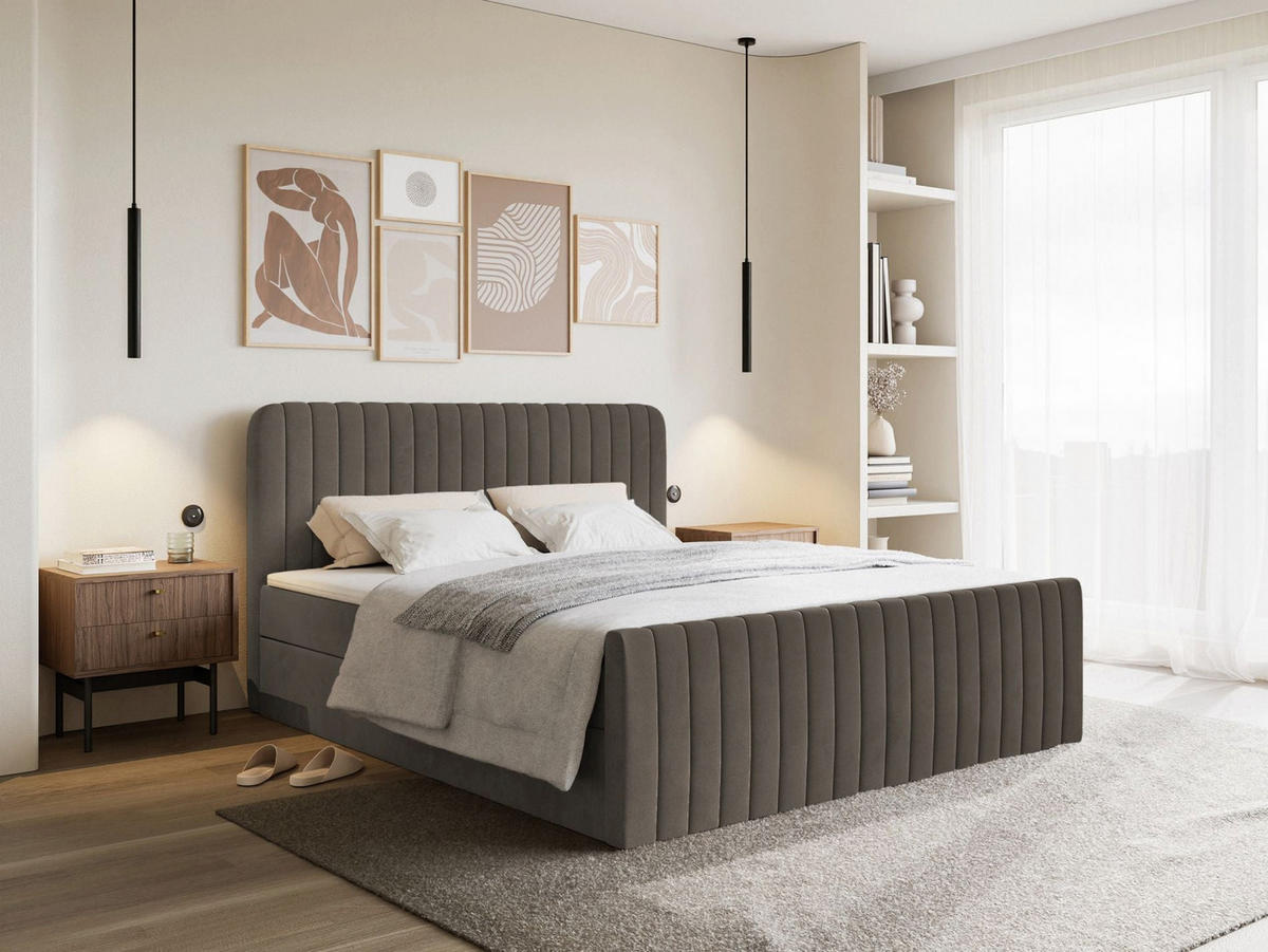 BOXBETT Saliano mit Topper und Samtbezug Braun, 180x200 cm - Braun, Kunststoff/Textil (180/200cm) - Selsey