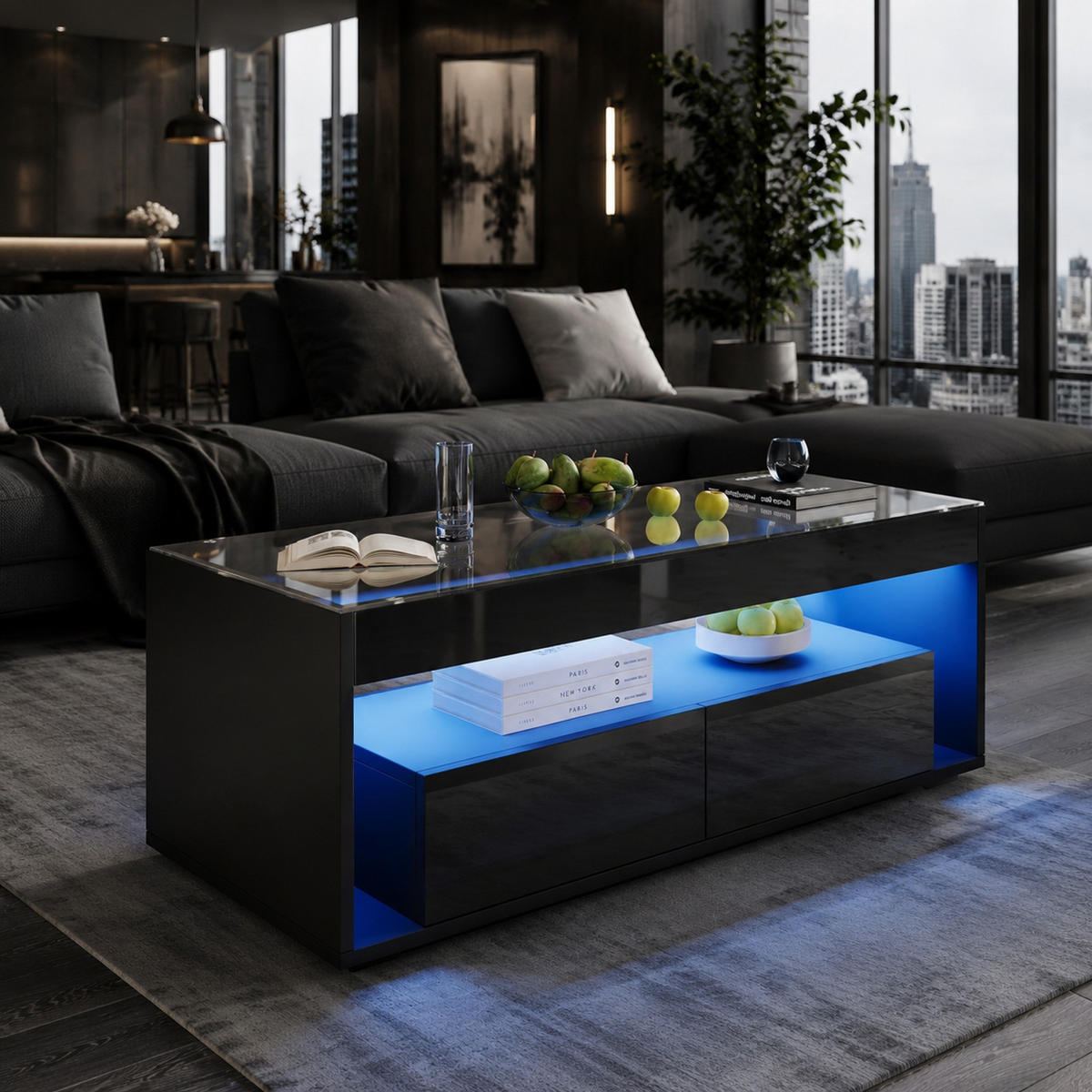 KONFERENČNÍ stolek 100/50/40 cm s LED osvětlením, 2 zásuvkami a skleněnou deskou, černá - černá, kompozitní dřevo (100/50/40cm) - Redom