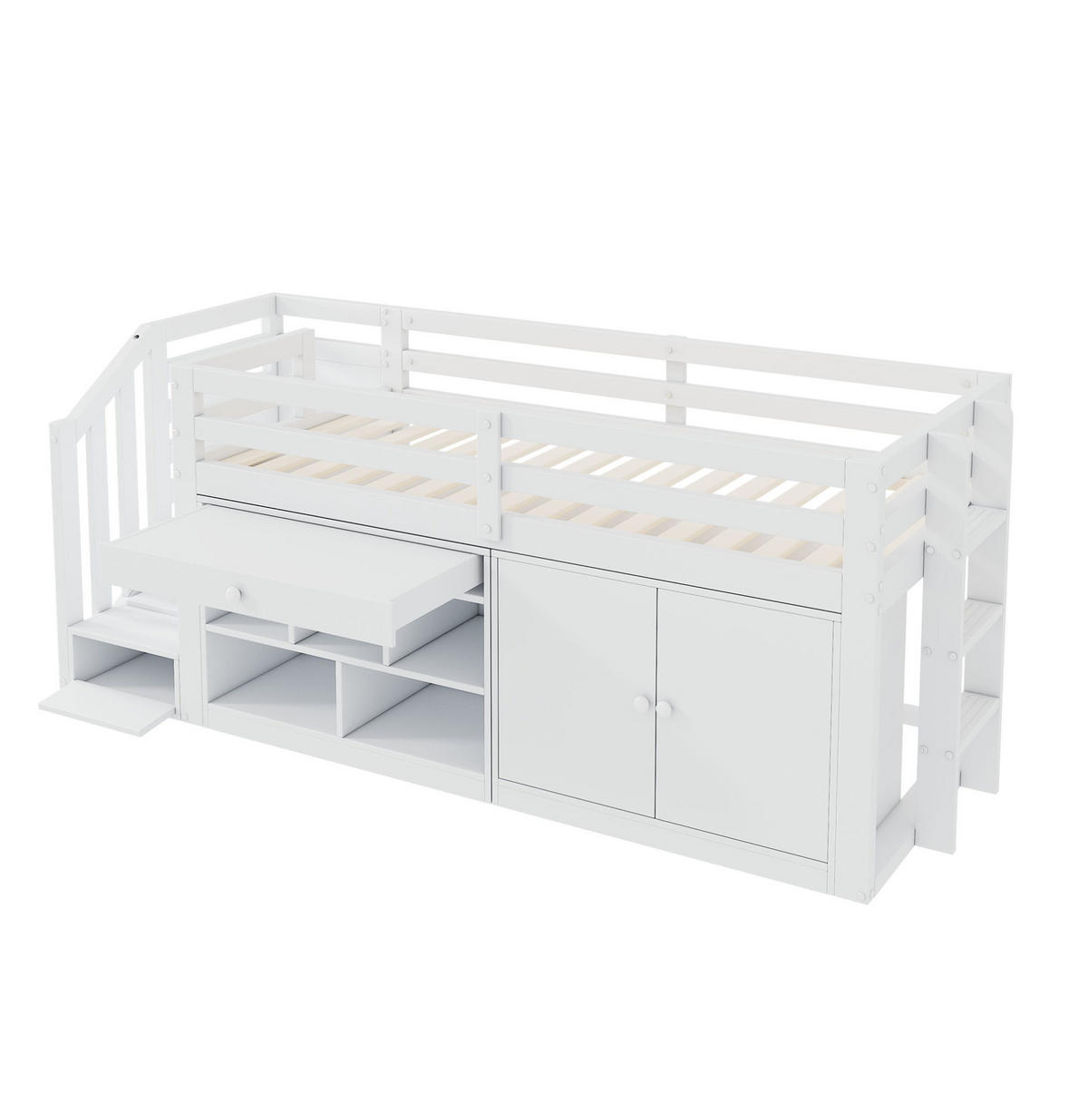 KINDERBETT 90/200 cm weiß aus Massivholz mit Treppe und Stauraum - Weiß, Holz (90/200cm) - OKWISH