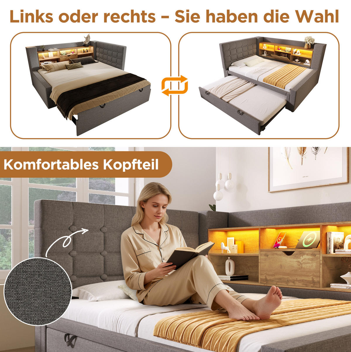 POLSTERBETT 90/200 cm grau aus Leinen und Metall mit Ausziehbett, LED und Stauraum - Grau, Textil (90/200cm) - OKWISH