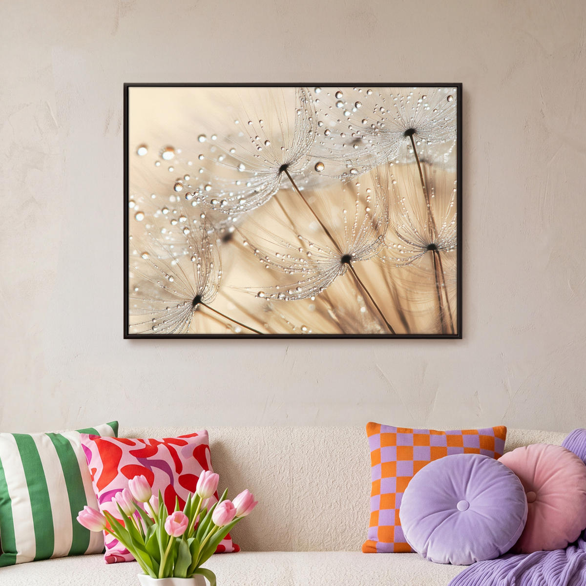 LEINWAND Bilder mit Rahmen - Löwenzahn - Abstrakt - Natur - Beige - 80x60 - Braun, Textil (80/60cm) - MuchoWow