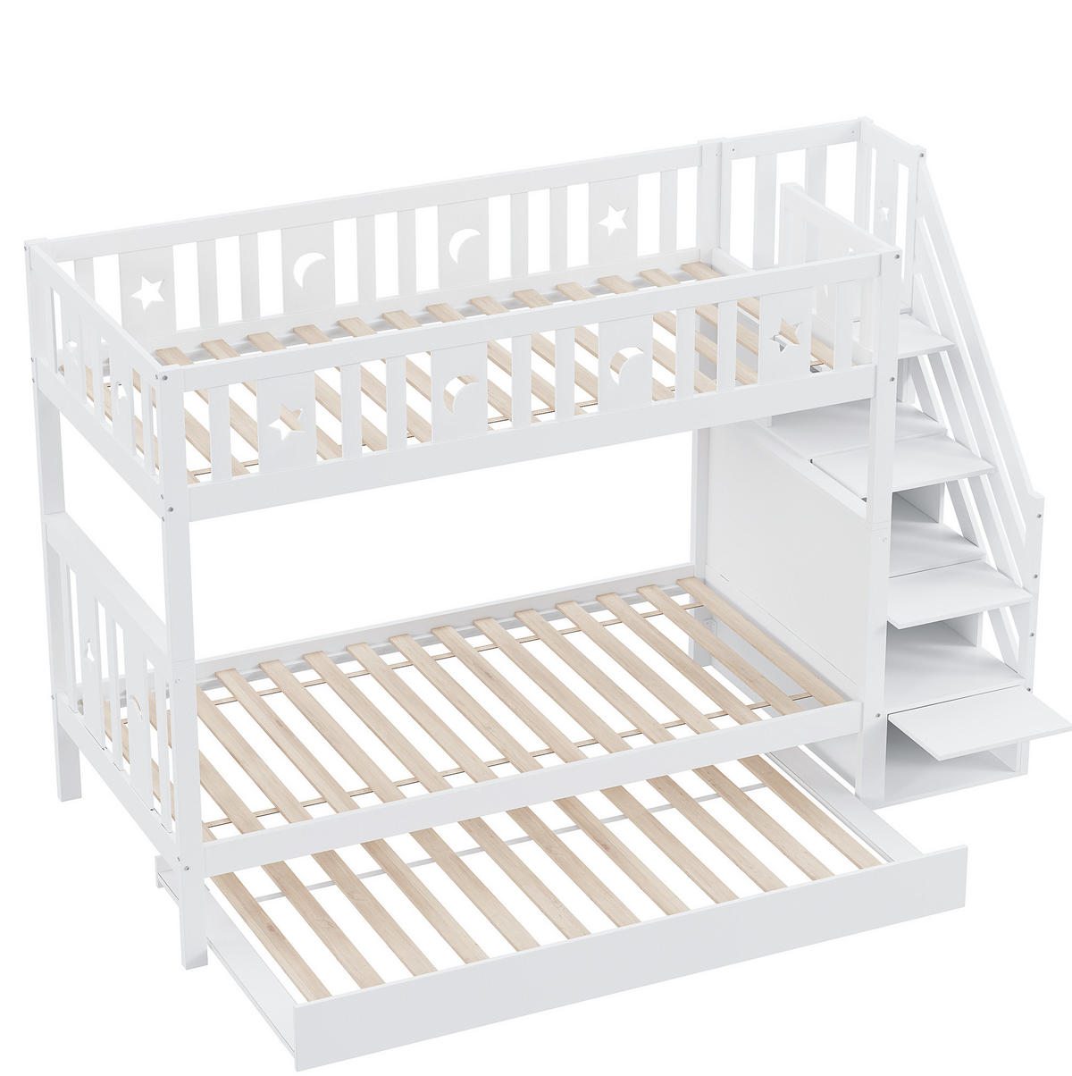 POSCHODOVÁ posteľ 90/200 cm biela s výsuvným lôžkom a úložnými schodmi z MDF a borovicového dreva - biela, kompozitné drevo (90/200cm) - OKWISH