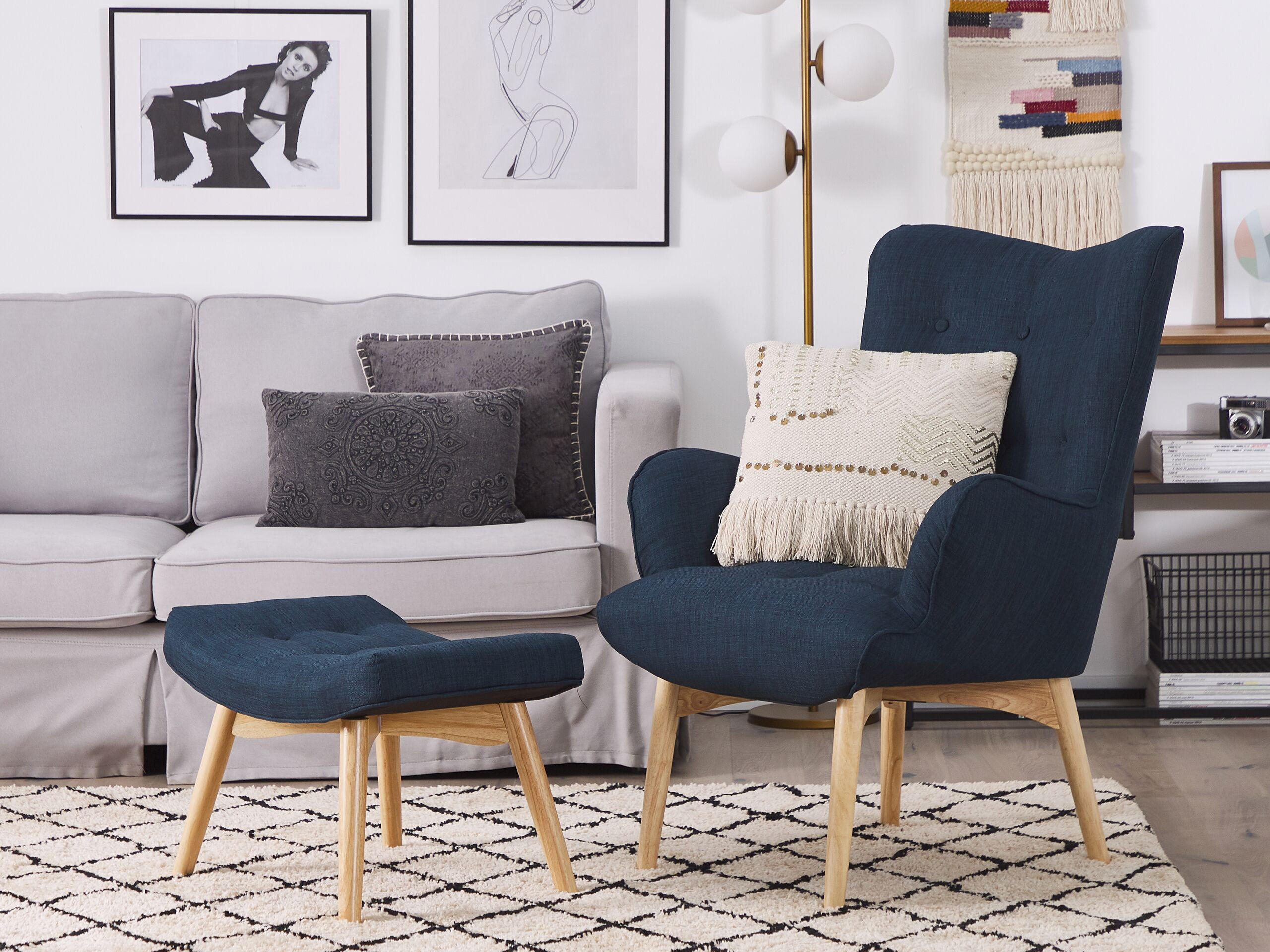 SESSEL dunkelblau mit Hocker Vejle - Hellbraun/Dunkelblau, Textil (81/100/78cm) - Beliani