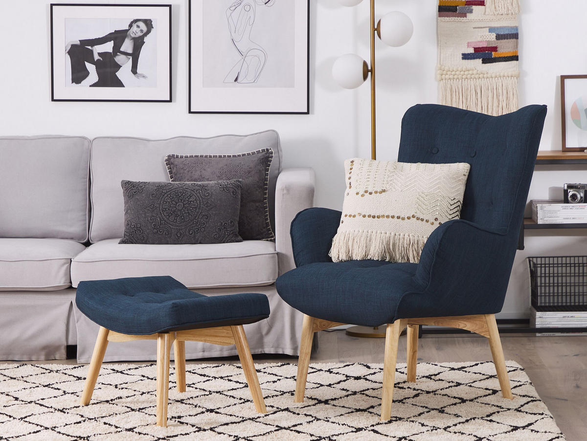 SESSEL dunkelblau mit Hocker Vejle - Hellbraun/Dunkelblau, Textil (81/100/78cm) - Beliani
