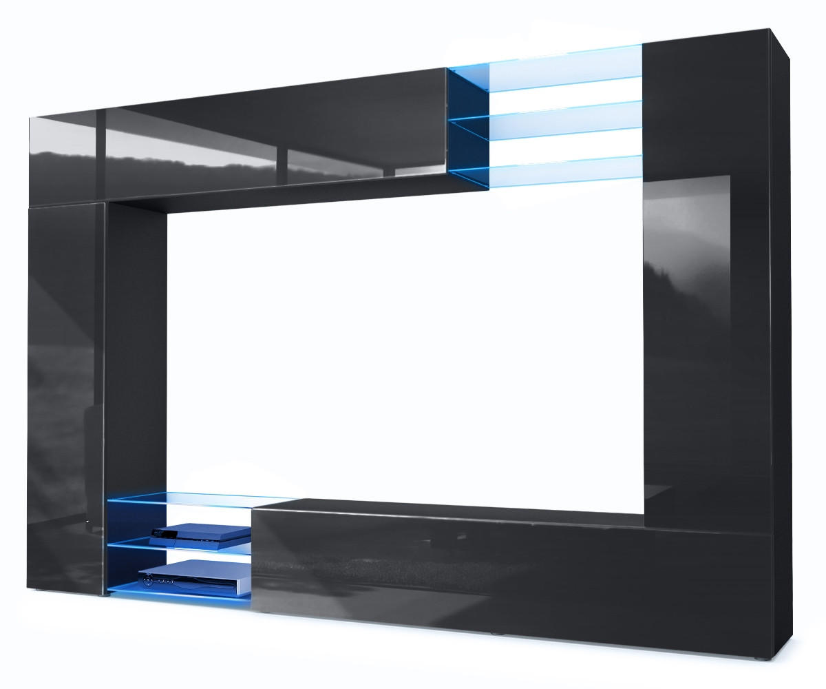 Vladon Wohnwand Schwarz Hochglanz 262x182.5x39 cm