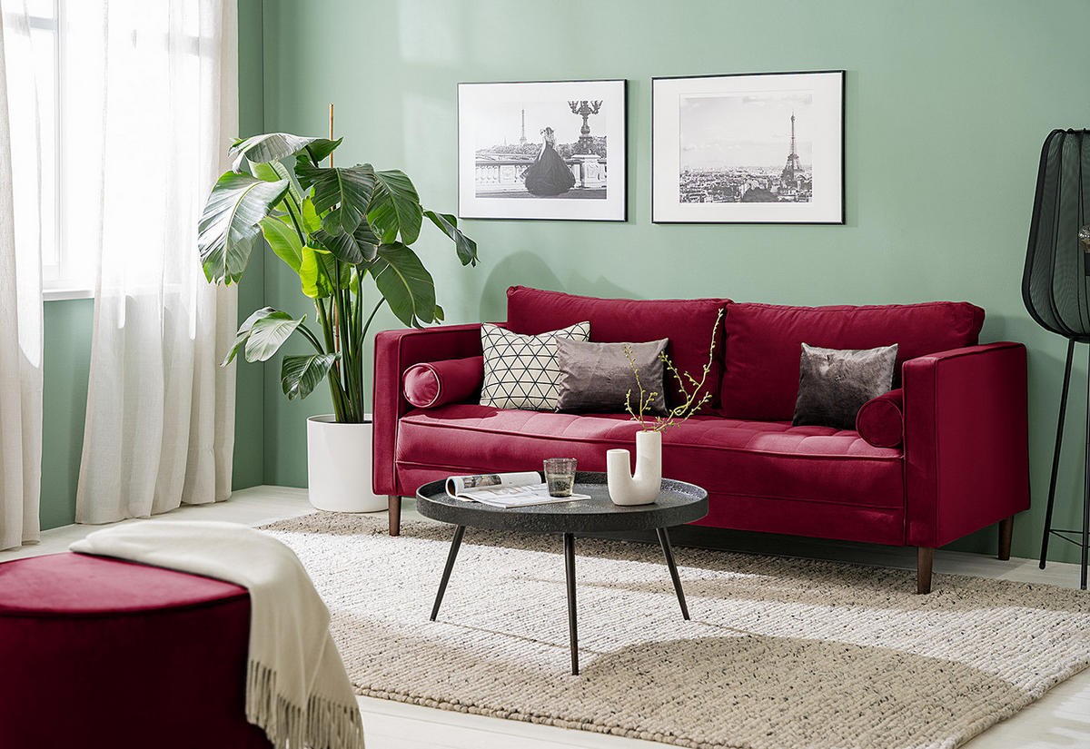 3-SITZER SOFA - Samt - Dunkelrot, Textil (191/80/86cm) - home24