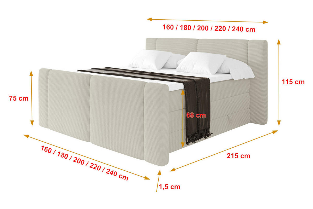 BOXSPRINGBETT mit Matratze H3/H4 - EVON KING Zanozek - 140x200 cm Creme - Creme, Holzwerkstoff (140/200cm) - ALTDECOR