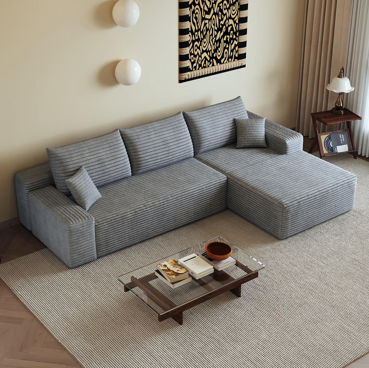 ECKSOFA 270/175/83 cm in Grau aus Cord mit weicher Polsterung - Grau, Textil (175/270cm) - Flora Grace