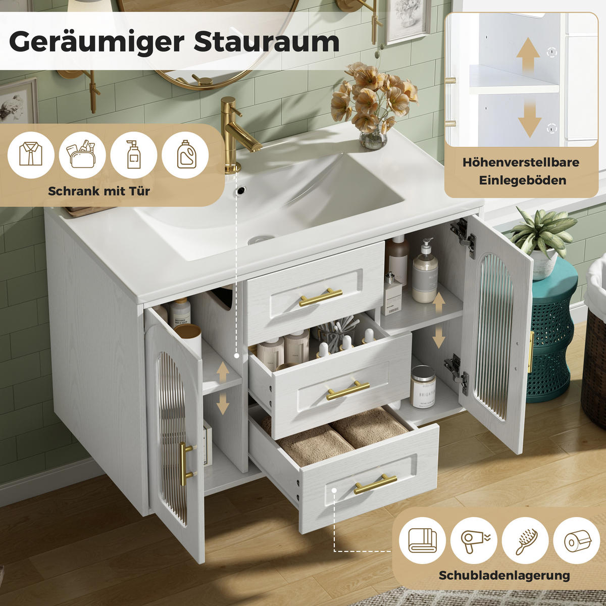 BADEZIMMERSCHRANK Wandmontiert Waschbecken LED Glasfront 76cm - Weiß, Glas (76/55/46cm) - FLIEKS