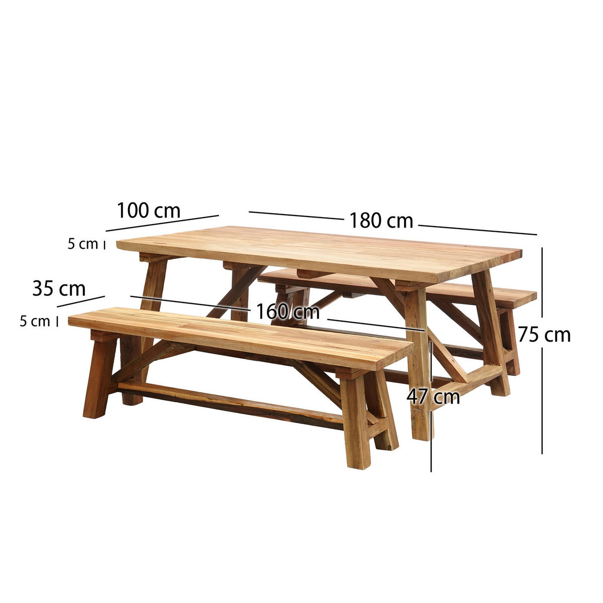 ESSGRUPPE Roca 3-tlg. Esstisch + 2 Bänke, Massivholz naturfarben - Naturfarben, Holz (180/74/100cm) - CREEDWOOD