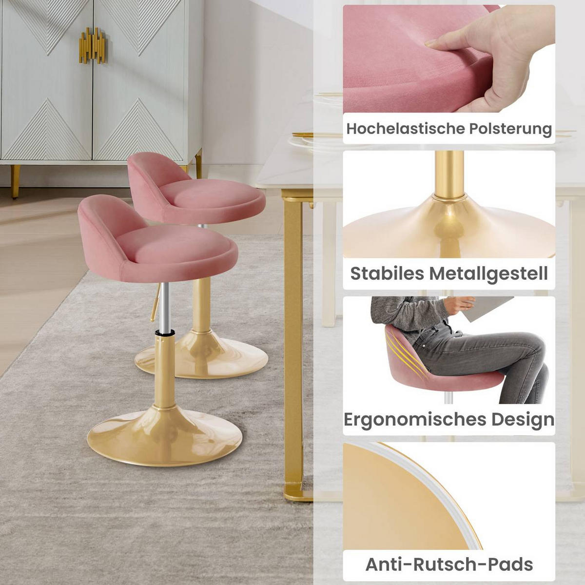 BARHOCKER 2er Set Drehhocker, Samt, Rosa+Gold - Goldfarben/Rosa, Kunststoff/Textil (38.5/49.5/43cm) - Woltu