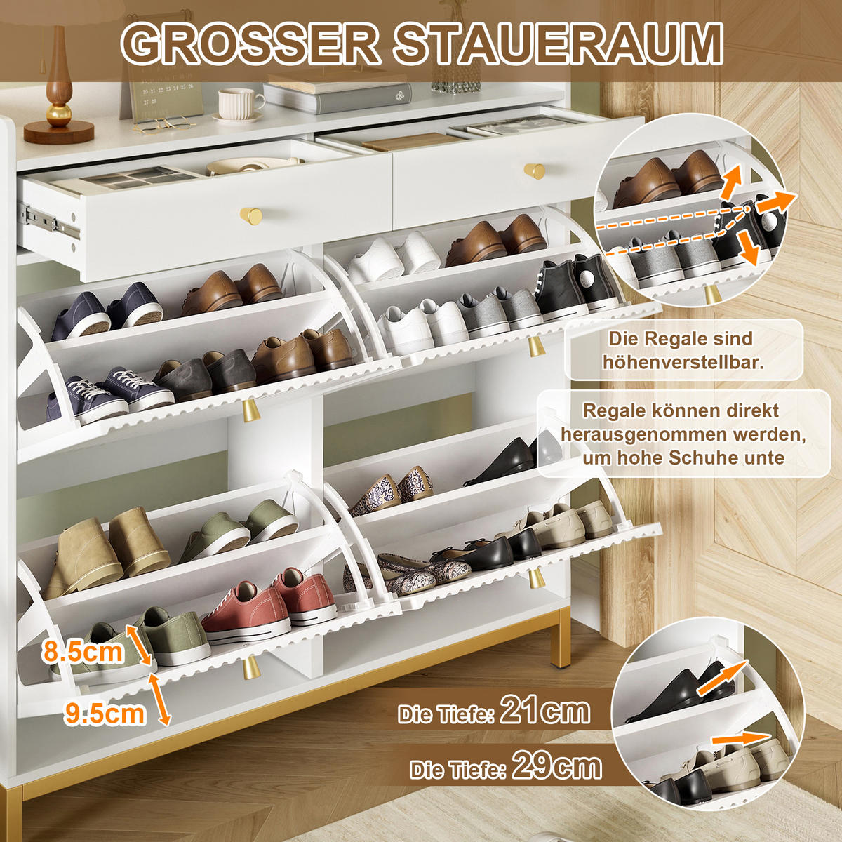 SCHUHSCHRANK 106.5x25x107cm Weiß mit 4 Klappen, 2 Schubl. - Weiß, Holzwerkstoff (106.5/107/25cm) - FLIEKS