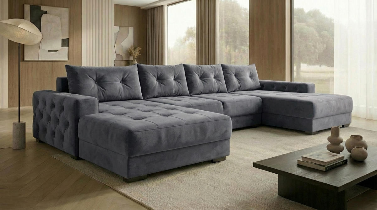 ECKSOFA MODENA 320 cm x 185 cm – Stoff: VELUTTO Anthracite 18 Farbe: Dunkelgrau - Dunkelgrau, Textil (320/185cm) - A&J MöbelLand