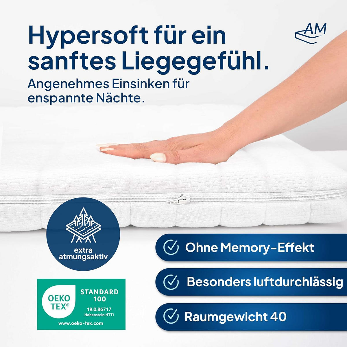HYPERMĚKKÝ TOPPER 200/220 cm - výška 6 cm a potah Toledo - bílá, textil (200/220cm) - AM Qualitätsmatratzen