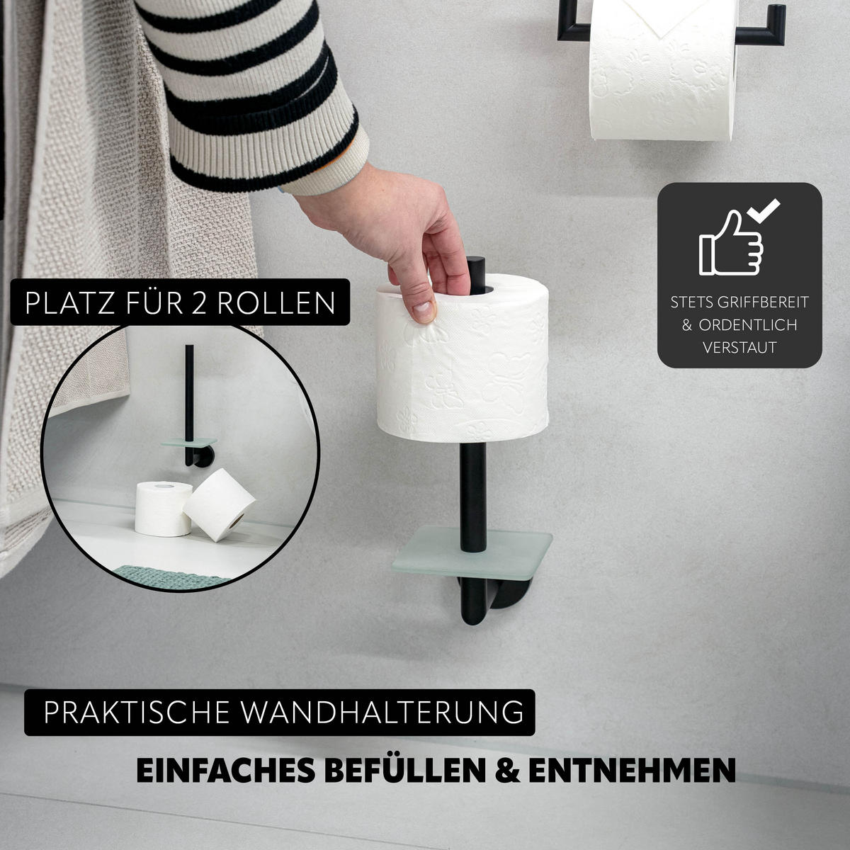 TOILETTENPAPIERHALTER PIAZZA BLACK mit Kleber, Glas und Edelstahl, schwarz - Schwarz, Metall (10/29/14cm) - bremermann