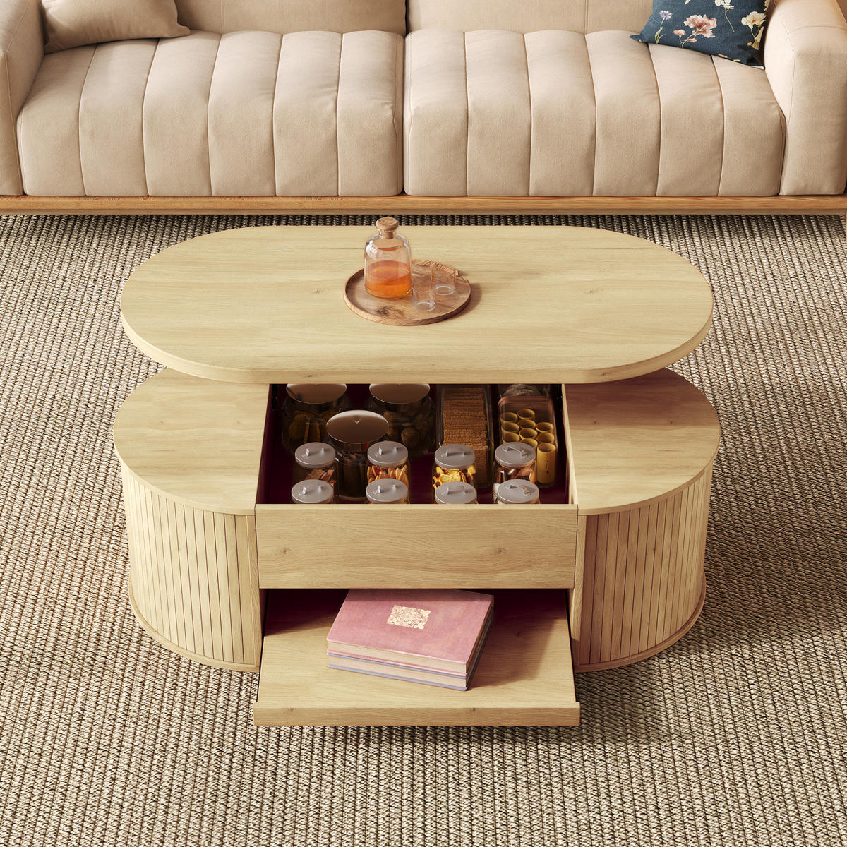 COUCHTISCH 110/55,5/40 cm höhenverstellbar mit Stauraum und ausziehbarer Ablage aus MDF, Natur - Naturfarben, Holzwerkstoff (110/55.5/40cm) - Modfu