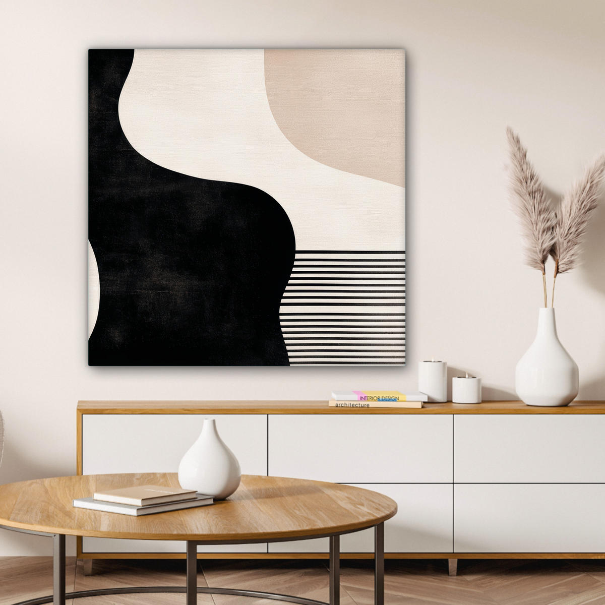 LEINWANDBILD Abstrakt - Japandi - Beige - Modern 90x90 cm - Schwarz, Textil (90/90cm) - MuchoWow